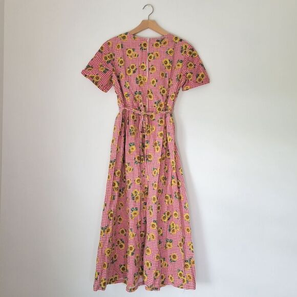 Handsewn Red Gingham Sunflower Midi Dress Pleated Scoop Neck M - Picture 2 of 8